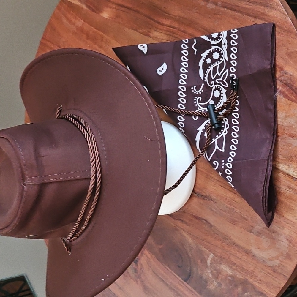 "Boots On The Ground", Stylish BROWN Cowboy Hat with Brown Bandana